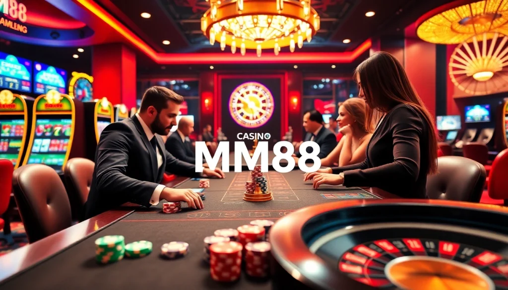 Players enjoying games at MM88's casino with vibrant poker chips and roulette wheel.