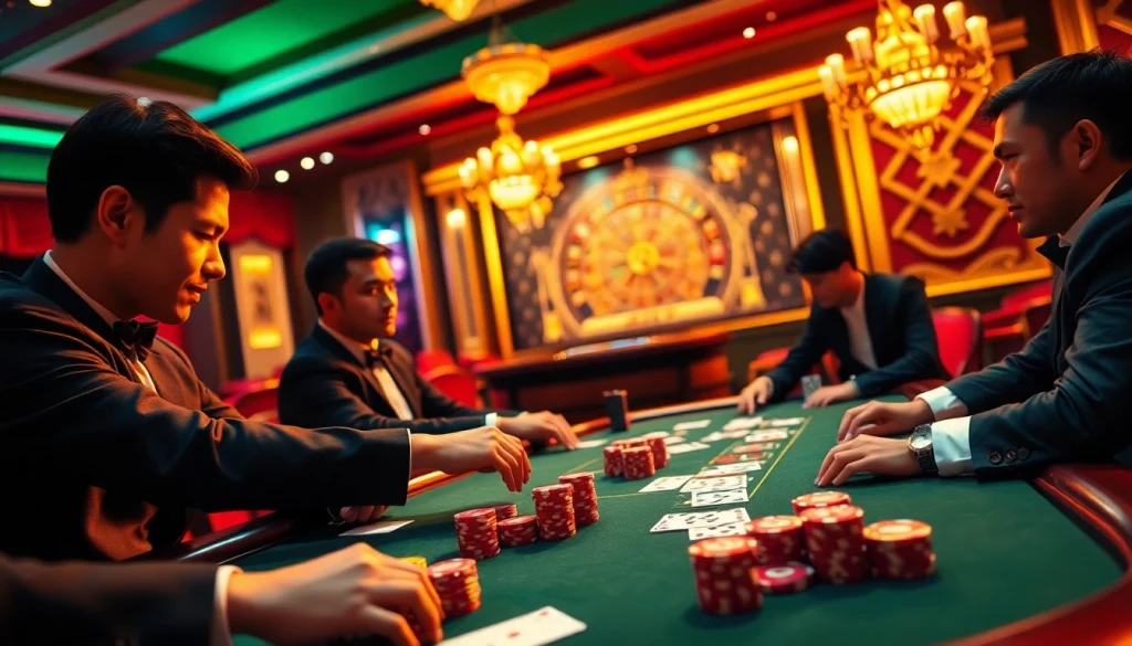 Playing poker at a high-stakes table at hz88 nhà cái with vibrant chips and cards.