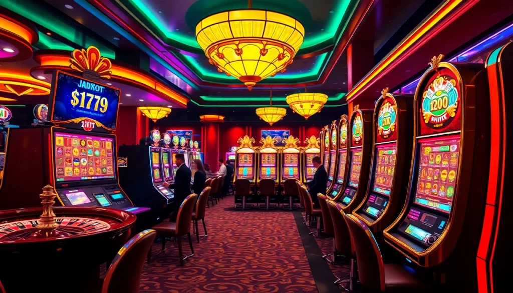 Players engaging with idn slot 777 machines in a luxurious casino setting full of excitement.