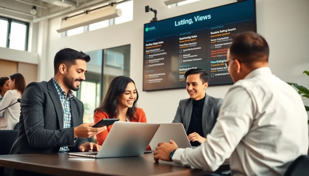 Engaging scene of professionals posting remote sales jobs in a modern office.