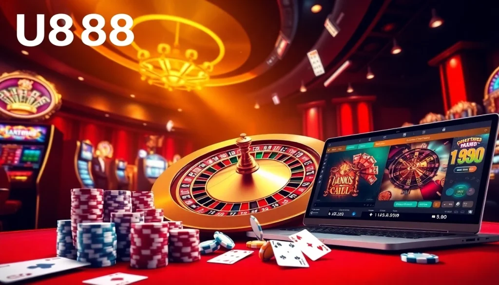 Engage in thrilling gameplay at u888 with a luxurious casino scene featuring roulette, slots, and poker.