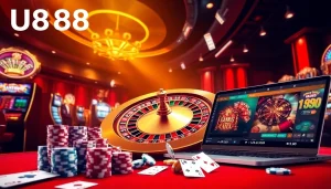 Engage in thrilling gameplay at u888 with a luxurious casino scene featuring roulette, slots, and poker.