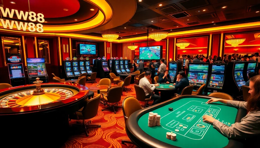 Exciting gaming session at WW88 with poker tables, roulette, and vibrant slot machines.