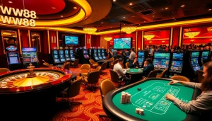 Exciting gaming session at WW88 with poker tables, roulette, and vibrant slot machines.