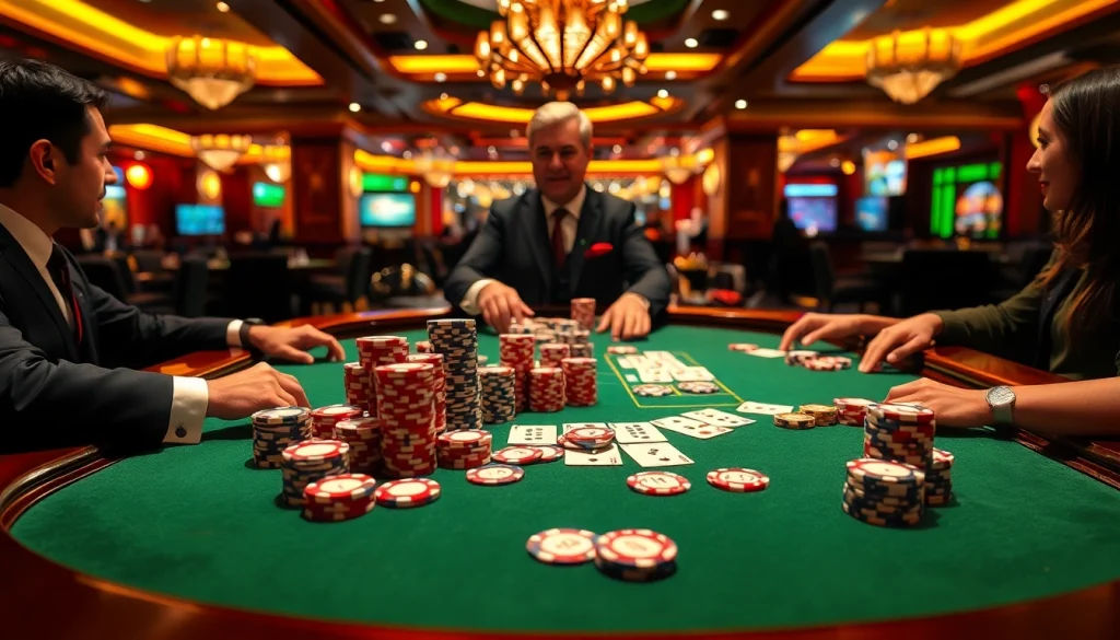 Experience high-stakes gambling at the tg 88 casino poker table, showcasing vibrant poker chips and skilled players.