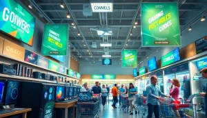 Dynamic retail space showcasing ドスパラ クーポン offers on gaming PCs and accessories.