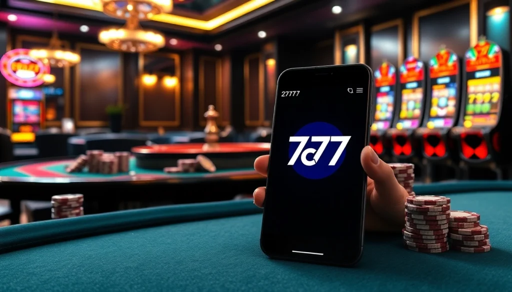 Play exciting games with the 7c77 app on a smartphone within a luxurious casino setting.