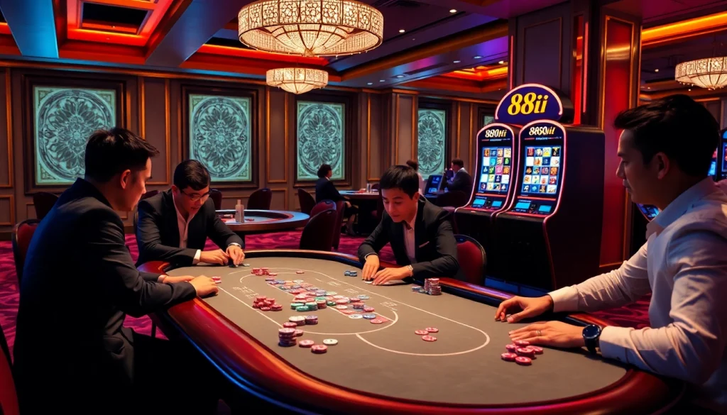 Players strategizing at a poker table with 88i chips and cards in a vibrant casino.