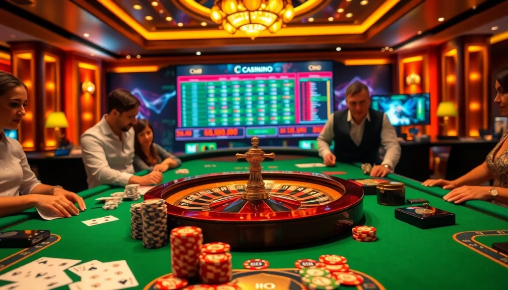 Experience thrilling gameplay at CM88's vibrant casino scene with poker chips and roulette wheels.