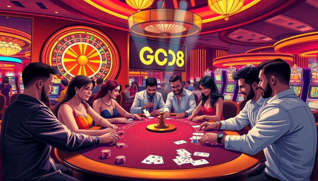 Players are winning at the GO8 poker table amidst a vibrant casino atmosphere.