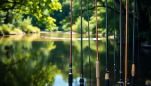 Showcase of the Best fly fishing rods in a serene river setting, perfect for outdoor enthusiasts.