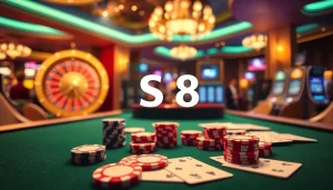 Engage in high-stakes gambling at a luxurious casino with S8-themed poker tables and vibrant action.