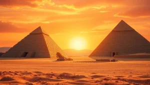 The stunning piraminds shining under a vibrant sunset sky, showcasing their intricate textures.