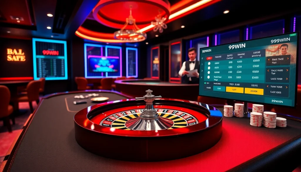 Engaging casino scene with high stakes at the 99WIN gambling table featuring roulette and poker chips.