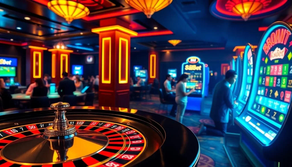S88BET players enjoying diverse casino games with vibrant slot machines and roulette.