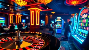 S88BET players enjoying diverse casino games with vibrant slot machines and roulette.