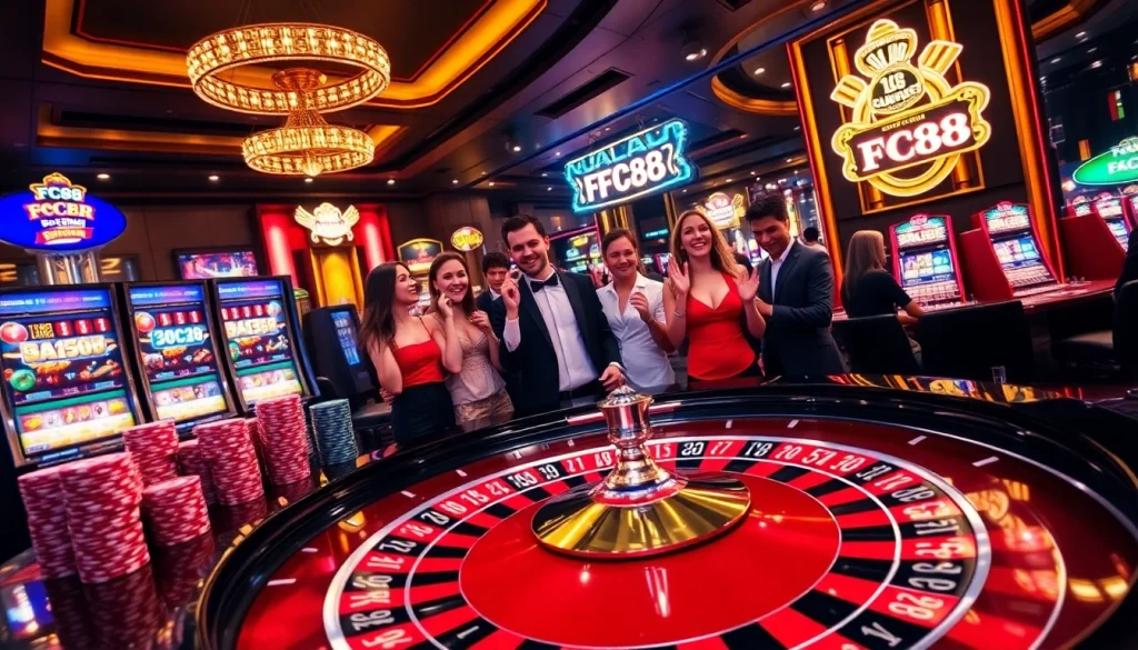 Experience the thrilling gaming atmosphere at FC88 with colorful casino tables and dynamic player interactions.