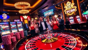 Experience the thrilling gaming atmosphere at FC88 with colorful casino tables and dynamic player interactions.