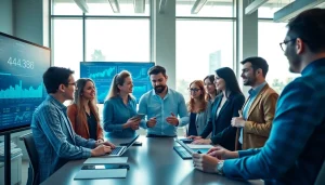 Digital Marketing team collaborates on strategies in a bright office, showcasing teamwork and technology.