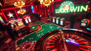 Experience the thrill of winning at LUCKYWIN casino, featuring a roulette wheel and vibrant poker chips.