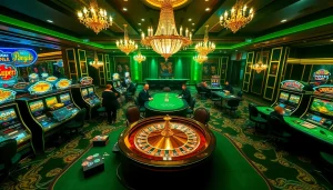 j88 casino scene with players at a poker table and vibrant slot machines shining brightly.
