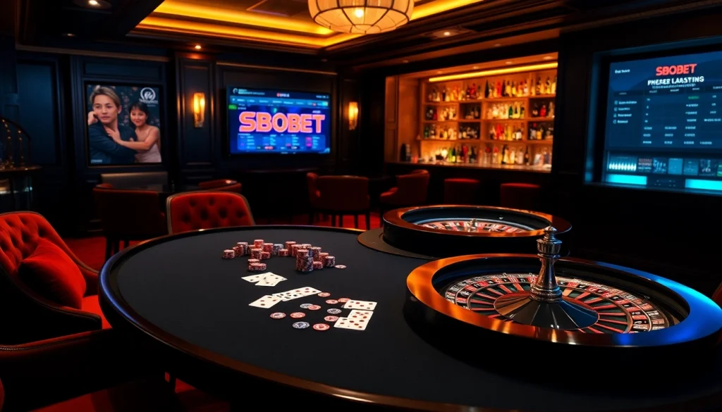 Engaging scene of sbobet online betting at a luxury casino with poker and roulette elements.