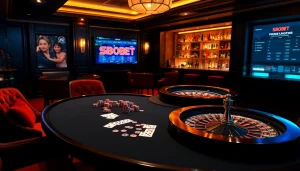 Engaging scene of sbobet online betting at a luxury casino with poker and roulette elements.