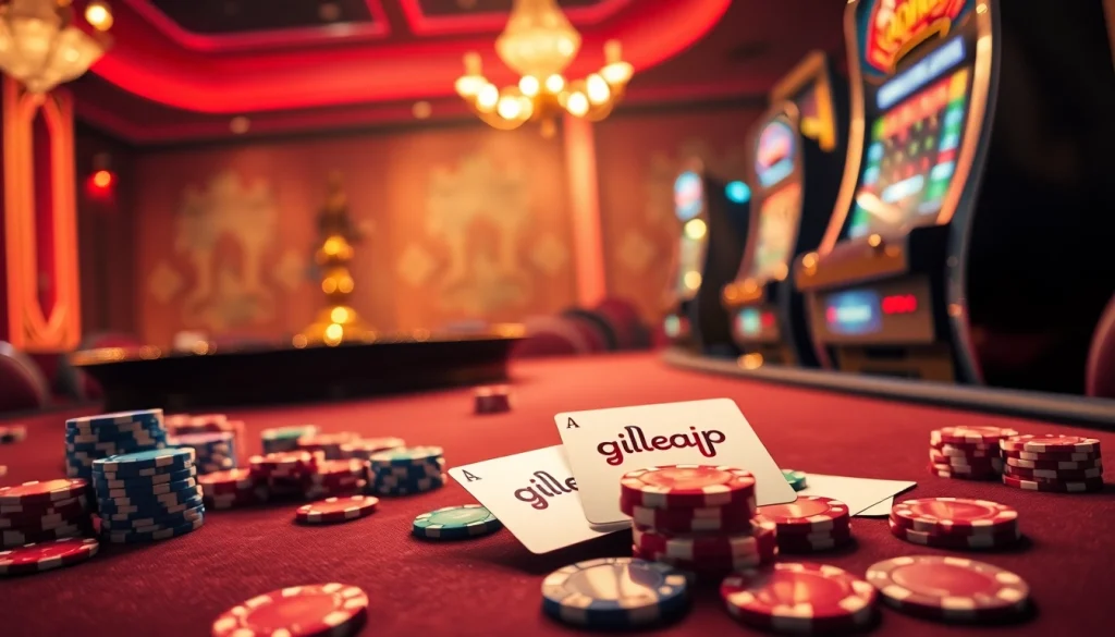 Exciting casino atmosphere with vibrant poker chips and cards featuring gilajp elements.