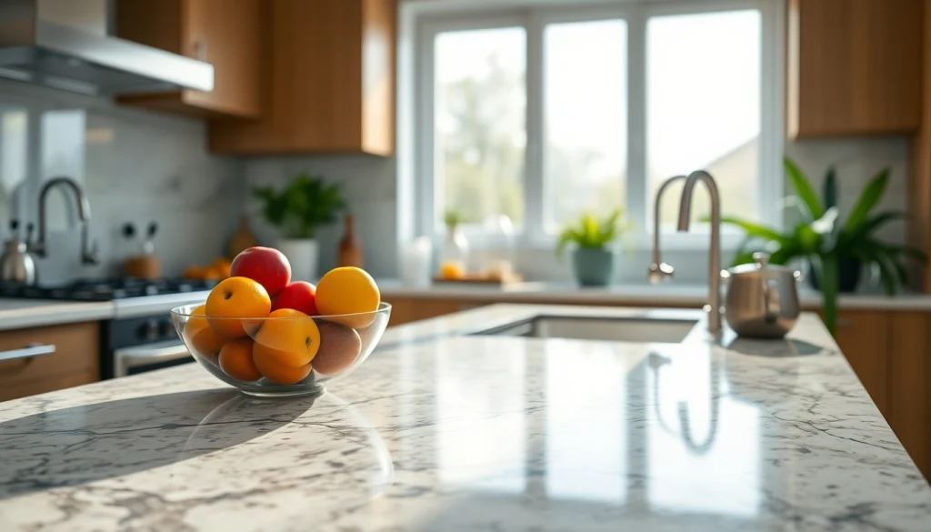 Stunning Granite Kitchen Worktops illuminated by natural sunlight with elegant kitchen decor.