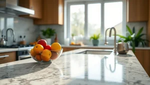 Stunning Granite Kitchen Worktops illuminated by natural sunlight with elegant kitchen decor.