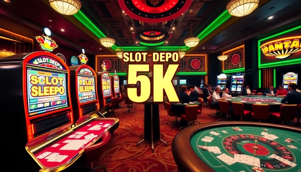 Adegan kasino yang mendebarkan menampilkan mesin slot Slot Depo 5K, meja poker, dan suasana yang meriah.