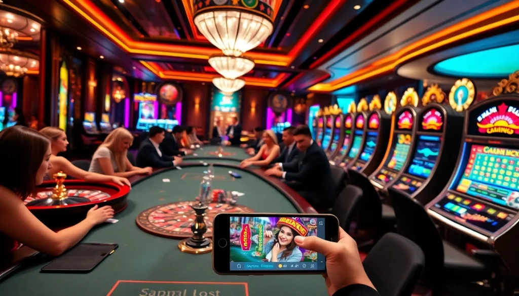 The tg88 app interface integrates seamlessly with a vibrant casino ambiance featuring poker tables and roulette wheels.
