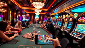 The tg88 app interface integrates seamlessly with a vibrant casino ambiance featuring poker tables and roulette wheels.