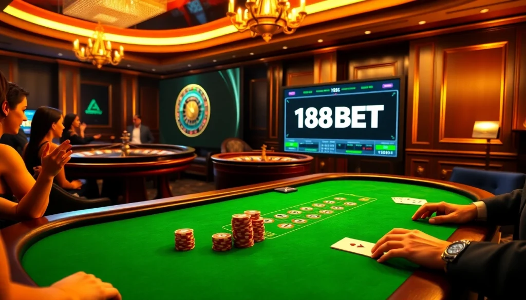 Players enjoying blackjack at a luxury casino featuring the 188BET interface.