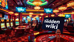 The hidden wiki reveals an extravagant casino atmosphere filled with players at poker tables and illuminating slot machines.