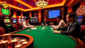 KJC players strategizing at a luxurious poker table in a vibrant casino setting.