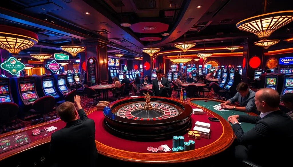 Experience the excitement at b52club .eco with players at casino tables under vibrant lights.