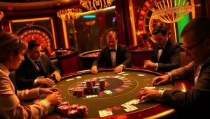 High-stakes poker table at a luxurious casino, highlighting S804 COM poker chips and players.