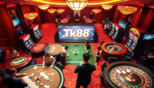 Experience luxury gaming at Tk88 chính thức with players at poker tables and slot machines.