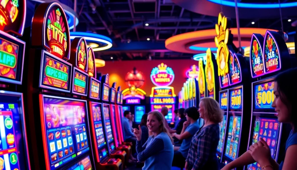 Menggambarkan suasana gaming gudangcuan dengan pemain bersemangat dan mesin slot penuh warna.