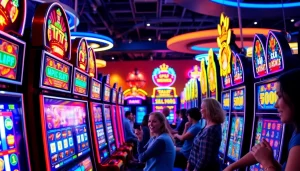 Menggambarkan suasana gaming gudangcuan dengan pemain bersemangat dan mesin slot penuh warna.