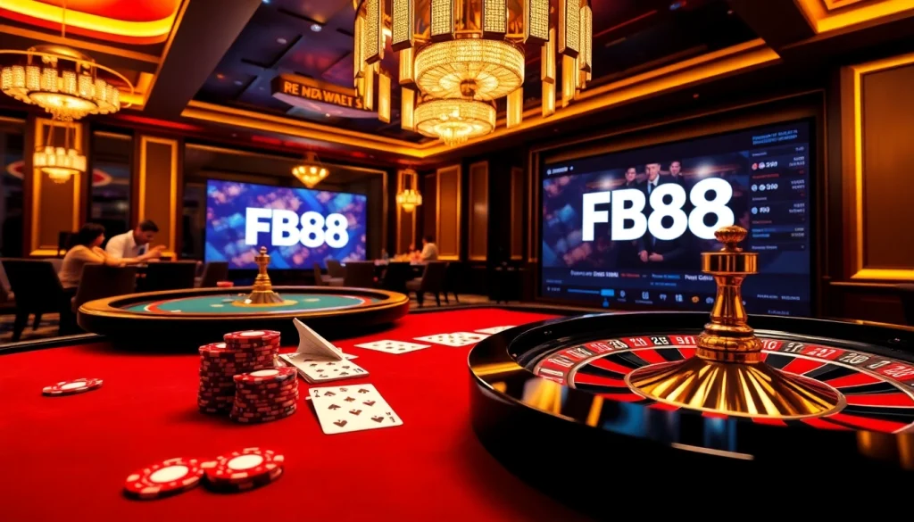 Experience an exciting moment at FB88's luxurious casino with vibrant cards and poker chips.