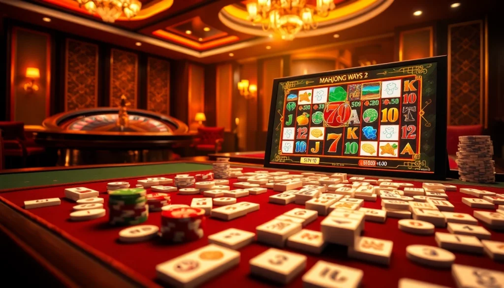 Berinteraksi dengan Mahjong Ways 2 dalam adegan kasino yang penuh semarak menampilkan ubin mahjong dan kegembiraan permainan.