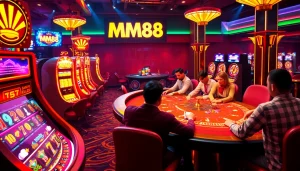 Engaging poker players at a luxurious MM88 casino table, capturing the thrill of high-stakes gambling.