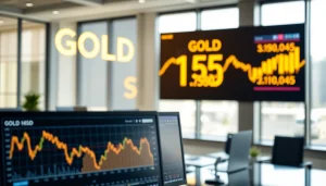 Visual representation of gold price USD fluctuating on a digital display amid a modern financial setting.