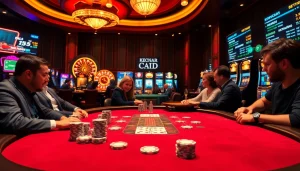 Engage with excitement at keonhacai5's vibrant casino table filled with poker chips and live betting displays.