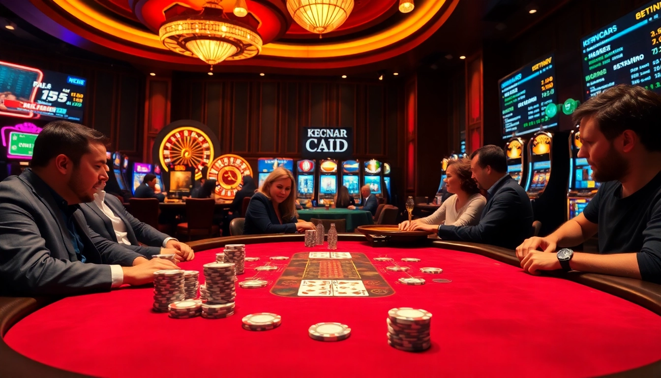 Engage with excitement at keonhacai5's vibrant casino table filled with poker chips and live betting displays.