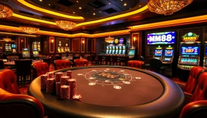Players betting at a luxurious MM88 casino table, surrounded by exciting slot machines.