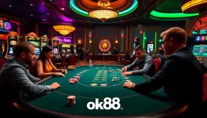Play poker at a luxurious casino with vibrant games like ok88, poker chips, and roulette.