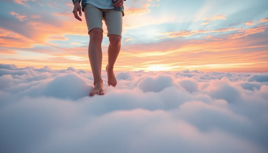 Person walking on clouds with joy and tranquility during a vibrant sunrise.